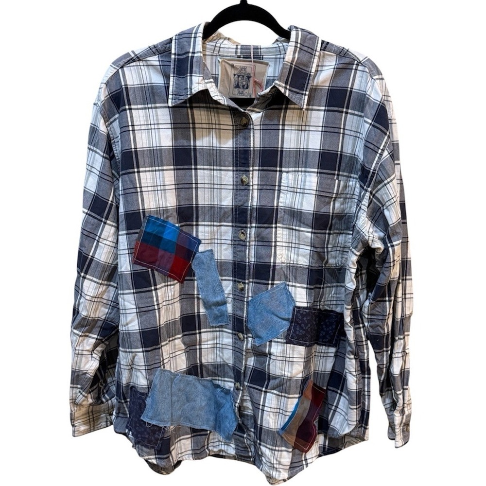 Timberjune Custom Upcycled Celestial Appliqué Button Down Shirt Checked